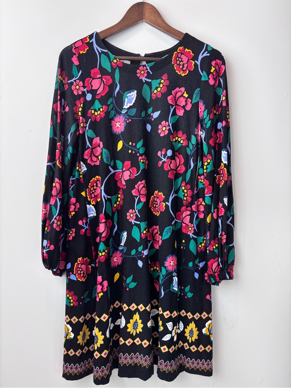 LOFT Black Floral Long-Sleeve Dress with Pink & Yellow Accents